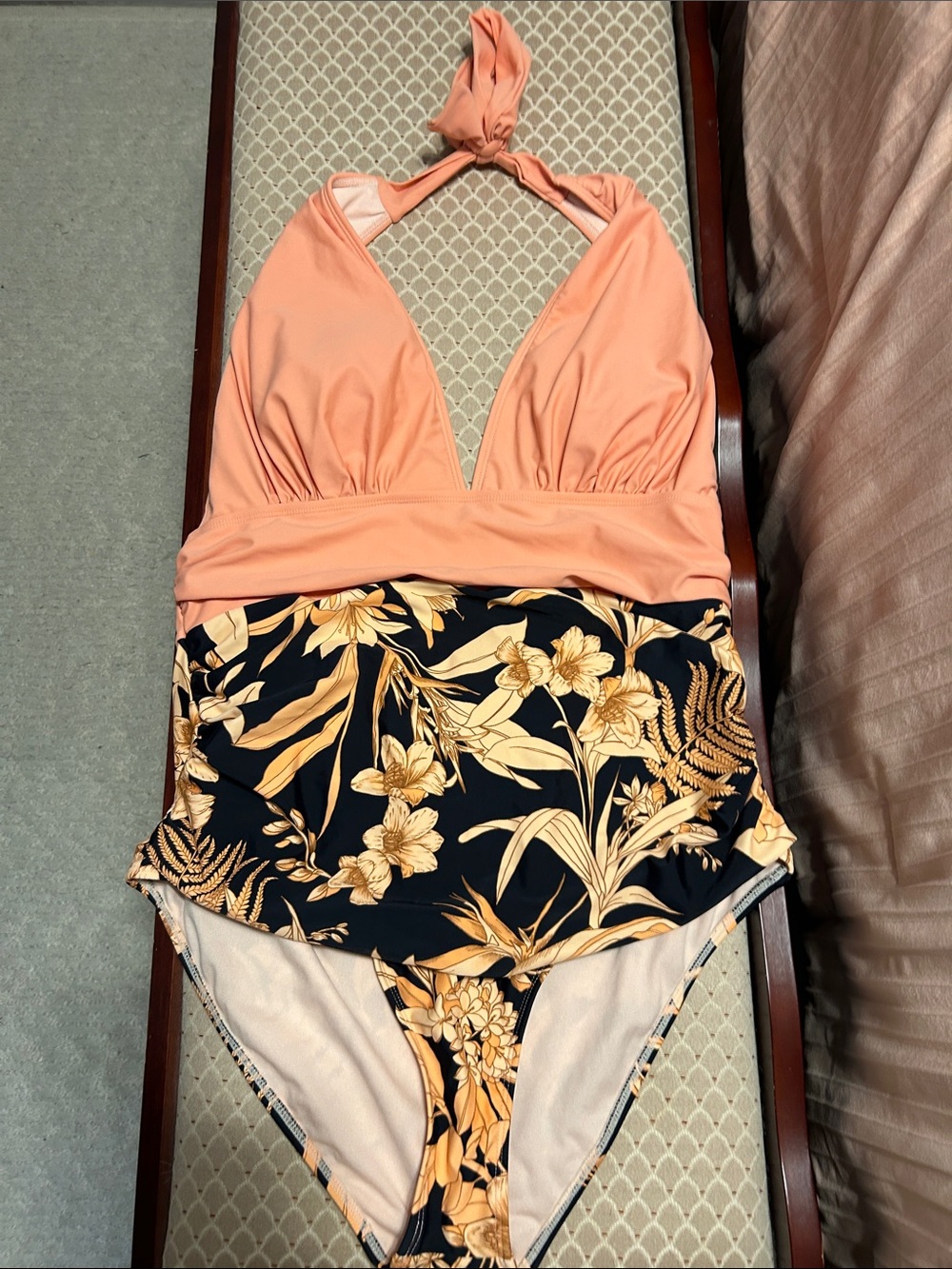 Cupshe Peach Halter One-Piece Swimsuit with Black & Gold Floral Skirt